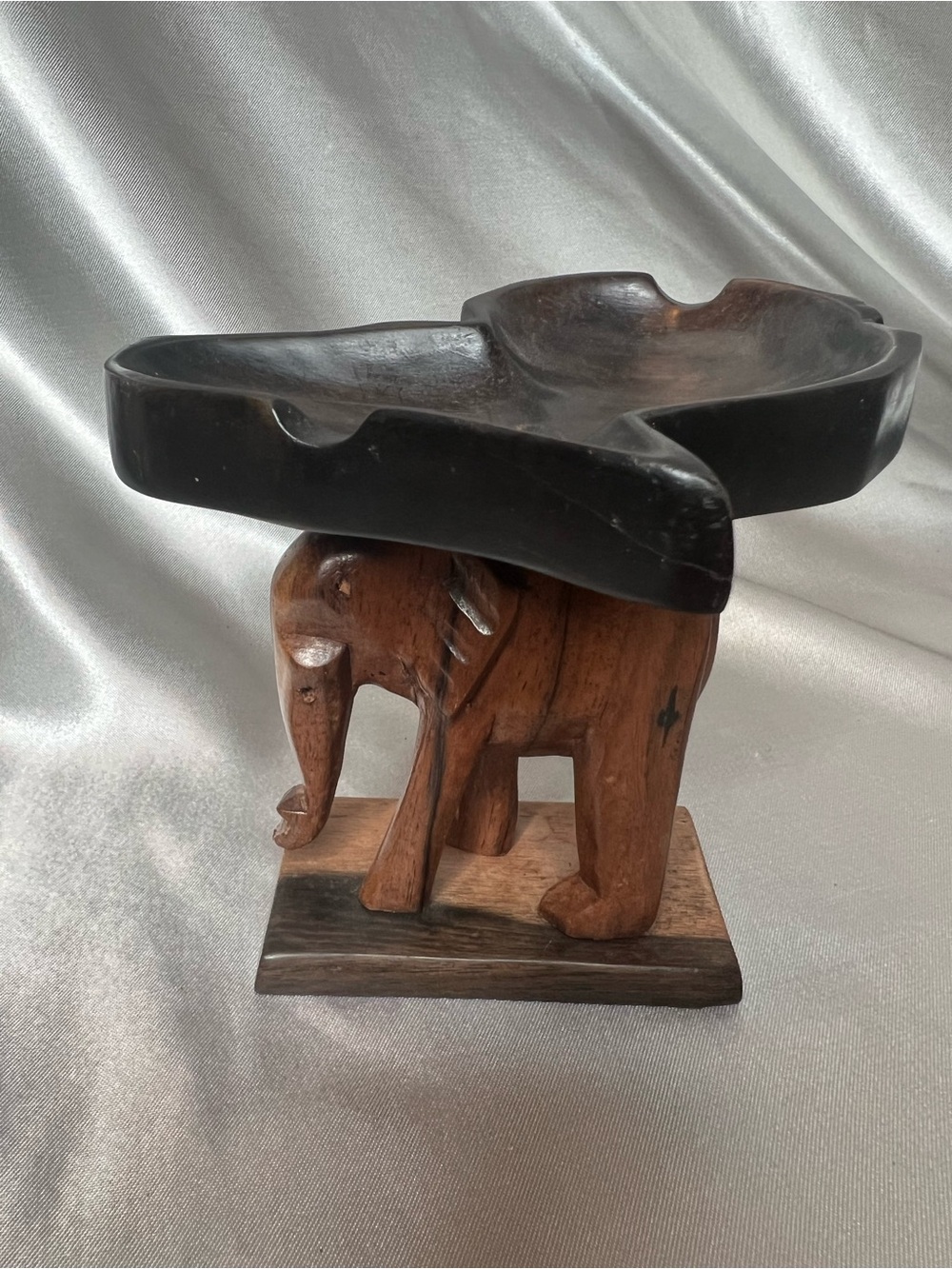 Vintage Hand-Carved Dual-Tone Wood Elephant Ashtray Stand (or Catchall Dish